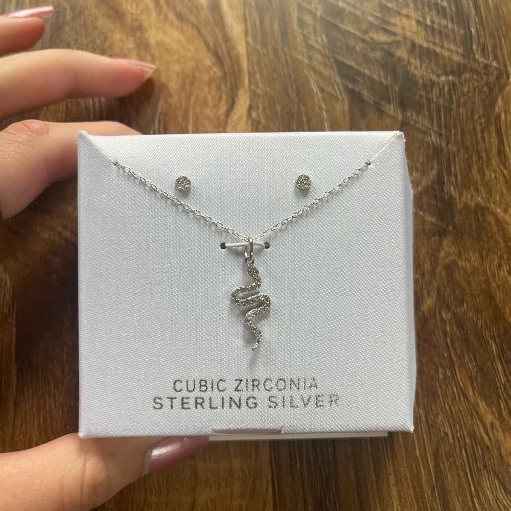 Sterling Silver Cubic Zirconia Snake Necklace and Earring Set